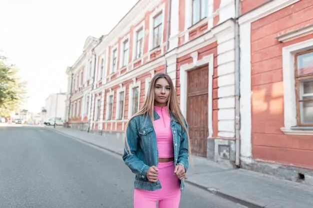 A woman wearing leggings, a crop top, and a bomber jacket, walking down a city street with a yoga mat, showcasing the athleisure outfit. She is smiling and has a confident, active vibe.