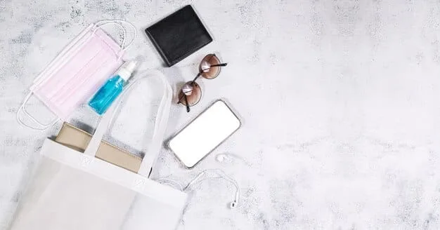 A flat lay of a large tote bag filled with daytime essentials (wallet, phone, water bottle, notebook) next to a small, elegant clutch containing only the essentials (lipstick, phone, credit card).