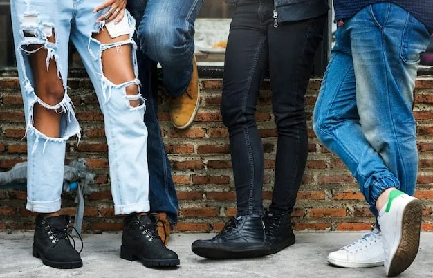 Assorted types of footwear (sneakers, boots, loafers) paired with different styles of jeans, showcasing the variety of options and combinations.
