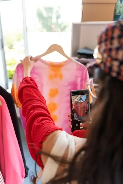 Close-up of a person sifting through a rack of clothing at a well-organized thrift store, with natural lighting and a focus on sustainable fashion.