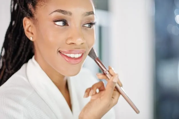 A woman applying translucent powder to her face with a large brush, highlighting the