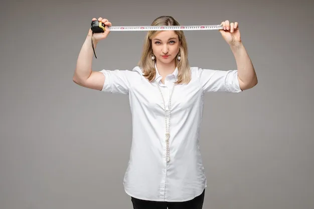 A woman using a measuring tape to measure her waist, with a focus on the correct placement of the tape and posture.