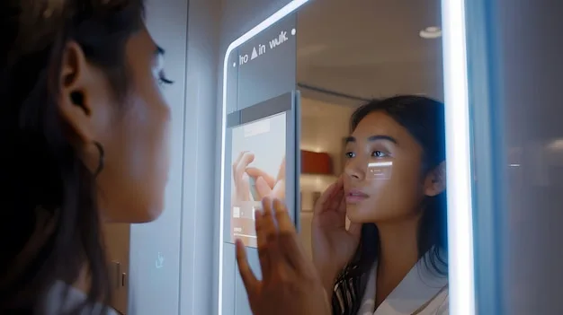 A high-tech skincare analysis device scanning a woman's face, indicating the depth of analysis and personalization available in modern skincare routines.