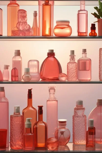 An organized shelf displaying a variety of Shein perfume dupe bottles, each uniquely designed with different colors and shapes. The background includes soft lighting to highlight the collection's aesthetic appeal.