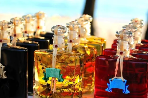A close-up shot of a variety of perfume bottles, each labeled with its corresponding fragrance family (floral, oriental, woody, fresh). The bottles are arranged against a neutral background to highlight their different colors and shapes.