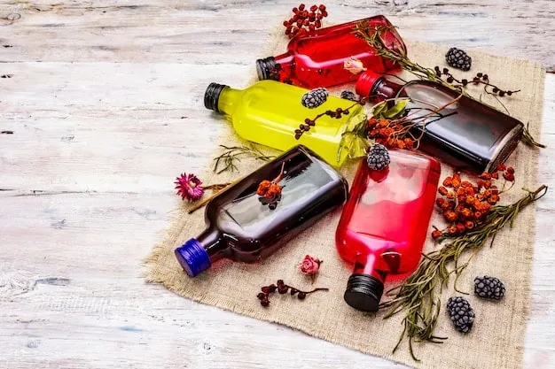 A close-up of various perfume bottles arranged on a table, showcasing different scent profiles like floral, citrus, woody, and spicy. Each section of bottles is labeled with the corresponding season.
