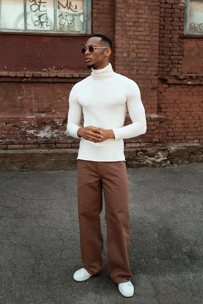 A street-style photo showing a person wearing a minimalist outfit: a simple black turtleneck, straight-leg jeans, and white sneakers, embodying the understated elegance of the trend.