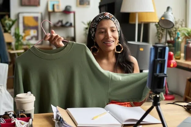 A Gen Z influencer showcasing a DIY upcycled outfit, highlighting the creativity and resourcefulness of this trend. The setting is a bright, modern apartment with visible elements of sustainability, like indoor plants and minimalist decor.