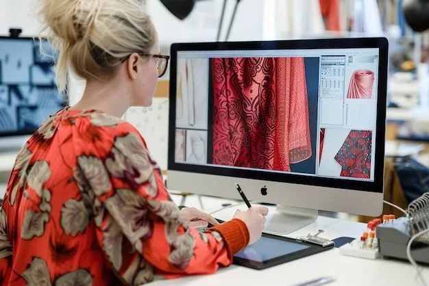 A digital fashion designer working on a virtual garment using specialized software. The screen shows a highly detailed 3D model of a piece of clothing, and the designer is using a stylus to make adjustments.