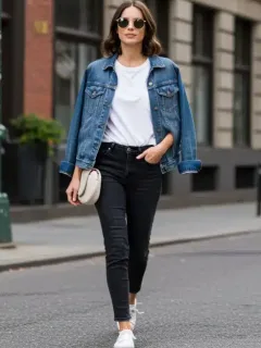 Stylish woman in white t-shirt, jeans, and denim jacket for casual 2025 look