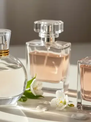 Elegant perfume bottles with spring blossoms, emphasizing scent longevity