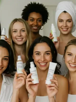 Diverse women confidently showcasing sustainable beauty products in 2025, emphasizing natural radiance.