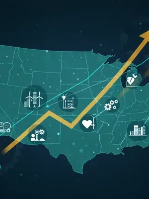 Illustration of interconnected gears and rising trend lines symbolizing market growth in the U.S.