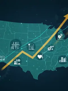 Illustration of interconnected gears and rising trend lines symbolizing market growth in the U.S.