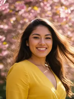 Woman with radiant, healthy hair confidently smiling amidst spring flowers.