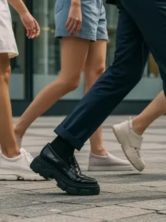 People showcasing 2025 casual footwear trends: minimalist sneakers, chunky loafers, ergonomic sandals on a city street.