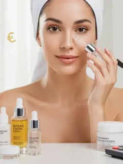 Woman applying premium skincare, representing smart beauty investments and financial savings.