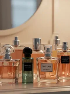 Elegant perfume bottles arranged on a vanity, representing a diverse fragrance wardrobe.