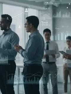 Professionals collaborating in a modern office, symbolizing U.S. workforce evolution and future skill demands by 2025.