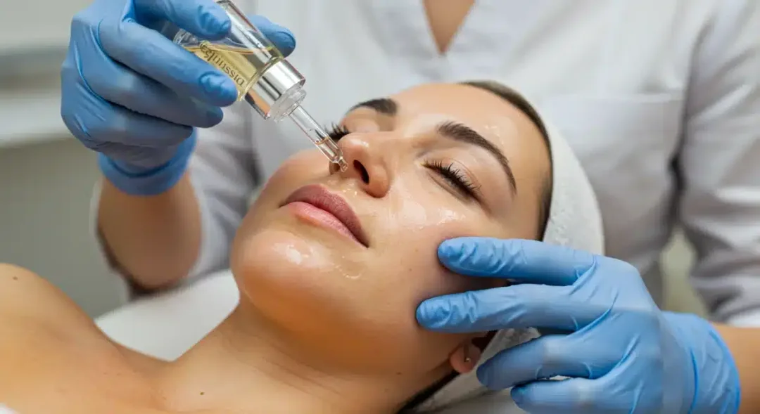 Dermatologist applying anti-aging serum to patient's face