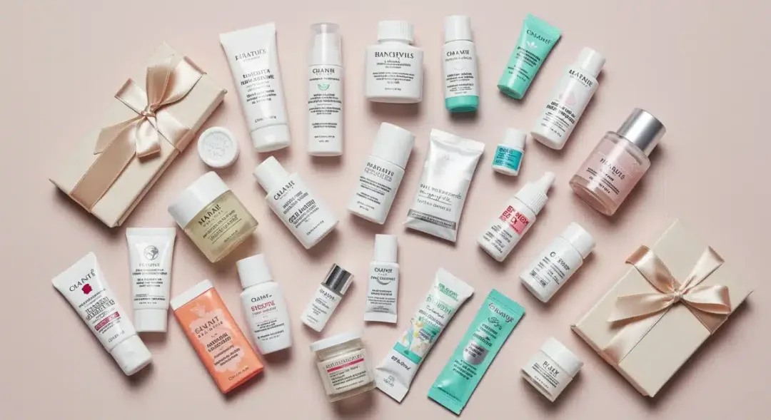 Assortment of skincare samples and gift-with-purchase items