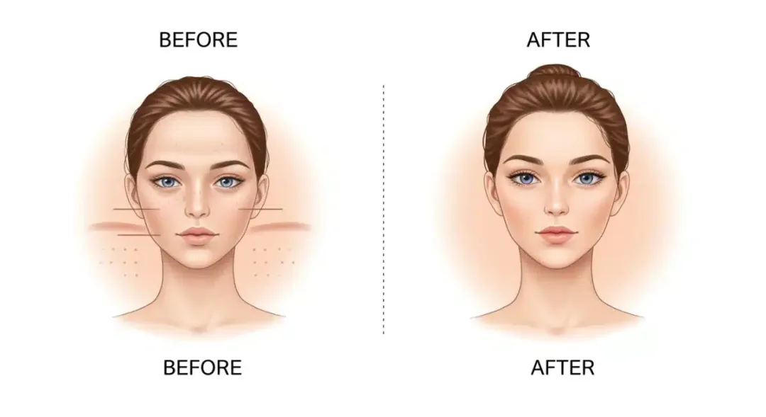 Illustration of skin tone improvement before and after LED mask use