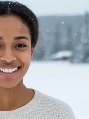 Woman with glowing, hydrated skin in winter landscape, embodying confidence.