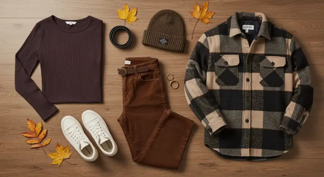 Affordable fall 2026 fashion essentials laid out on a wooden surface.