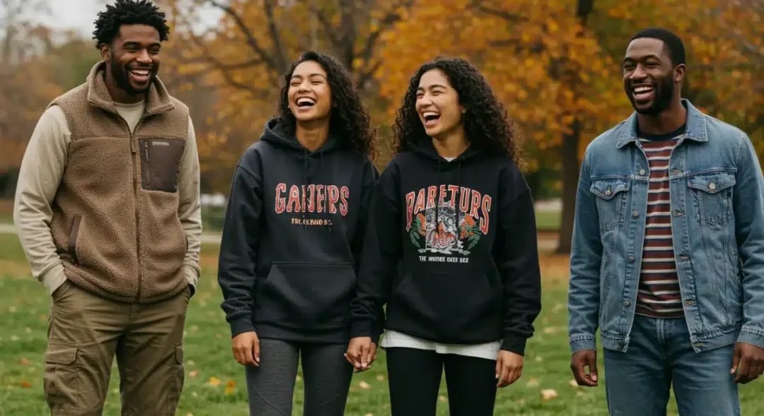 Friends showcasing budget-friendly Fall 2026 casual outfits in a park.
