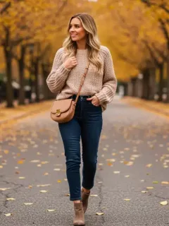 Stylish woman in affordable fall 2026 casual outfit walking on a city street.