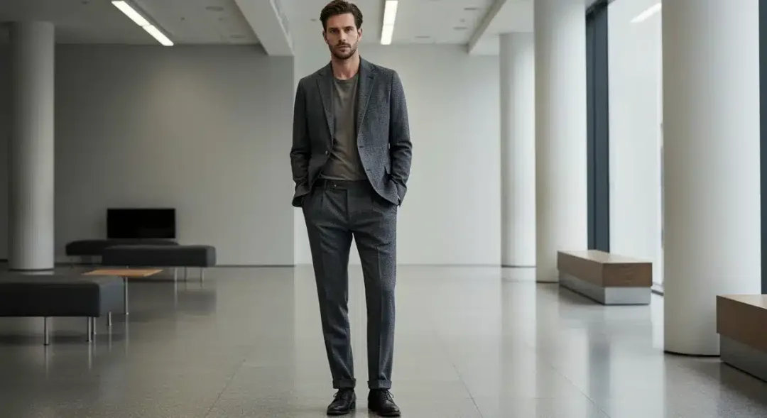 Man in deconstructed blazer and straight-leg chinos, illustrating relaxed tailored silhouette