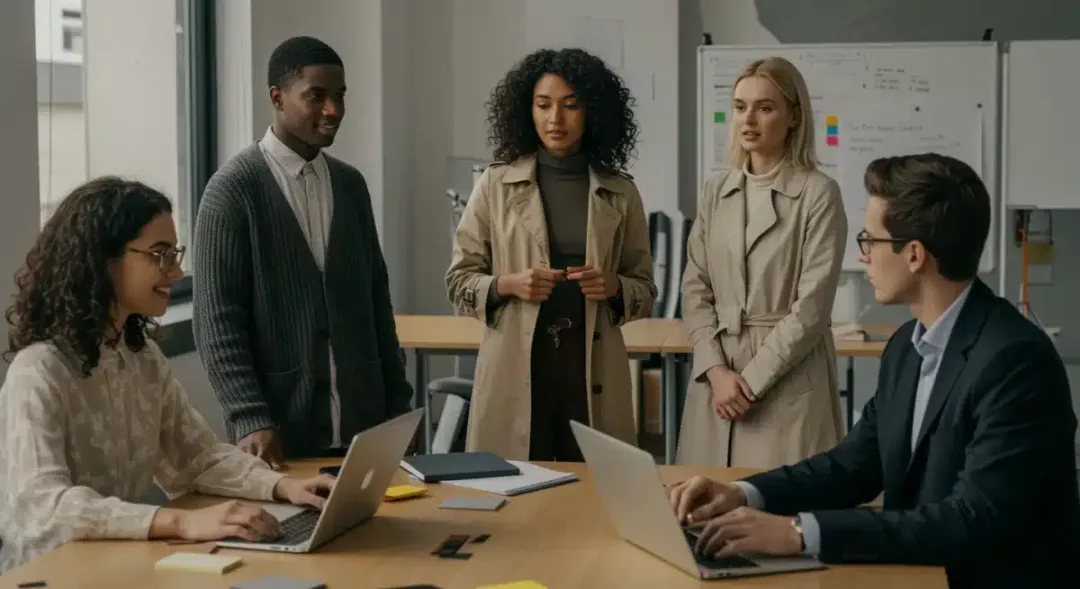 Diverse professionals in layered smart casual outfits in a modern co-working space