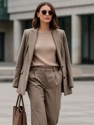 Woman in tailored blazer and wide-leg trousers, embodying smart casual 2026 style