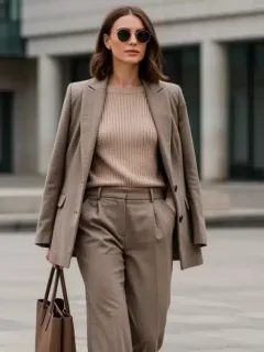Woman in tailored blazer and wide-leg trousers, embodying smart casual 2026 style
