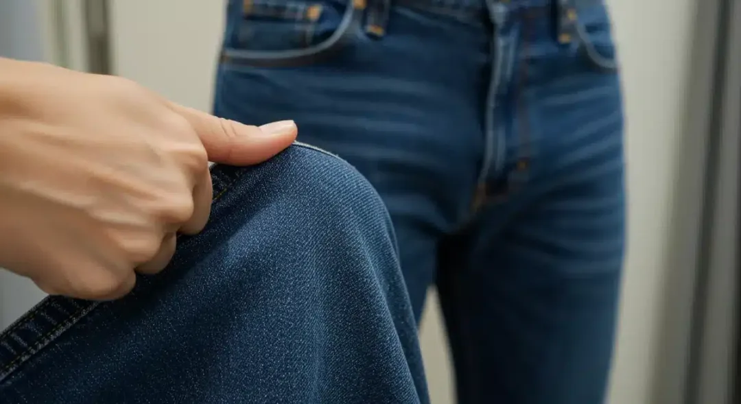 Close-up of relaxed taper denim fit, showing fabric texture and stitching details.