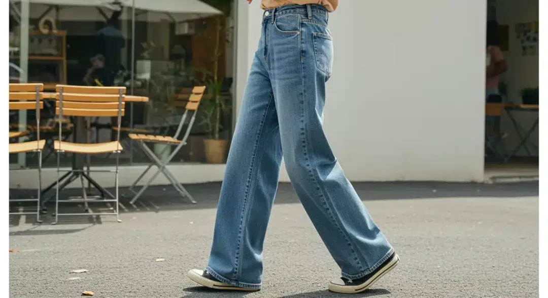 Person wearing wide leg denim jeans in a casual outdoor setting, showcasing the fit.