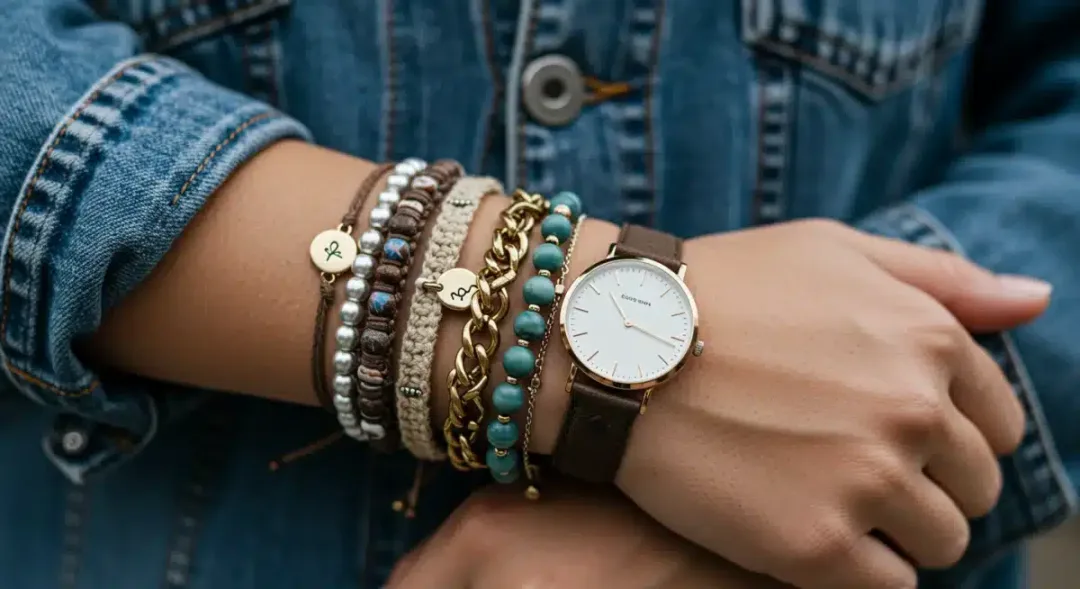 Layered ethical jewelry on a casual denim sleeve, showcasing conscious accessorizing