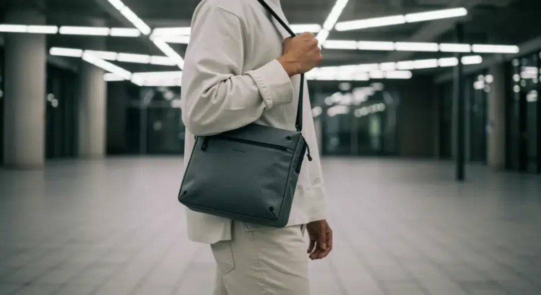 Person with modular sustainable crossbody bag on city street