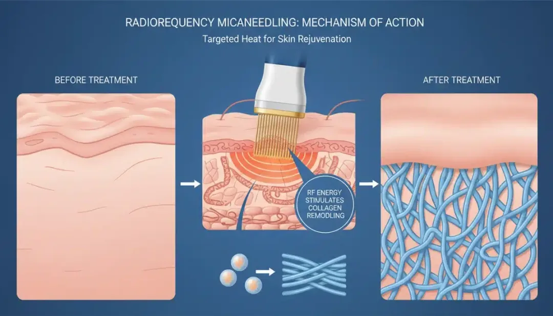 Diagram showing radiofrequency microneedling stimulating collagen for anti-aging.