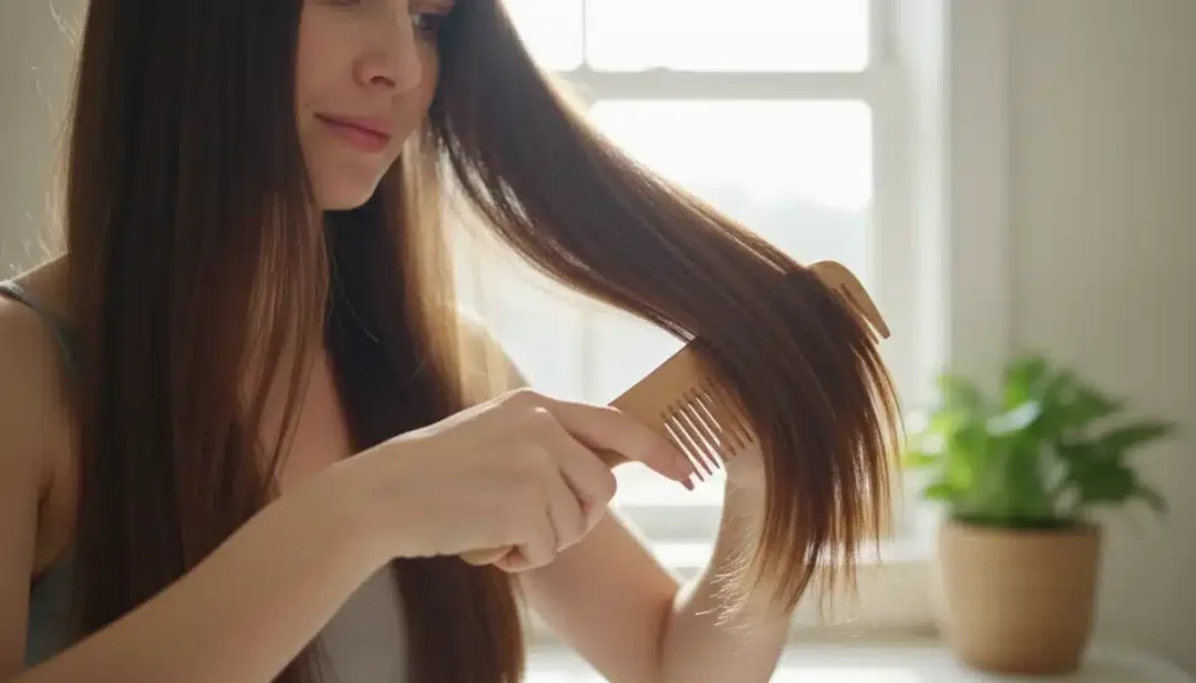 Person gently brushing long, healthy hair with a wide-tooth comb.