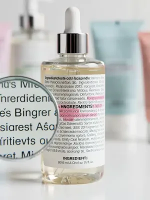 Detailed ingredient list on a modern beauty product label under a magnifying glass, emphasizing transparency and informed choices.