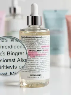 Detailed ingredient list on a modern beauty product label under a magnifying glass, emphasizing transparency and informed choices.