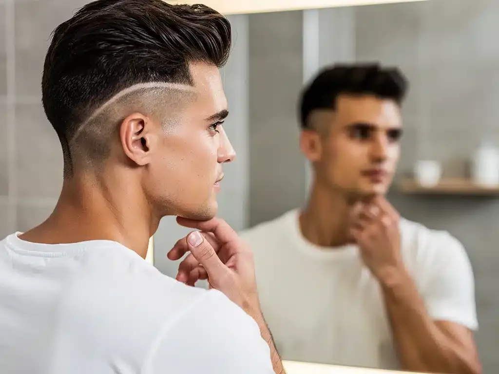Man with smooth skin and perfectly styled hair looking confidently in mirror