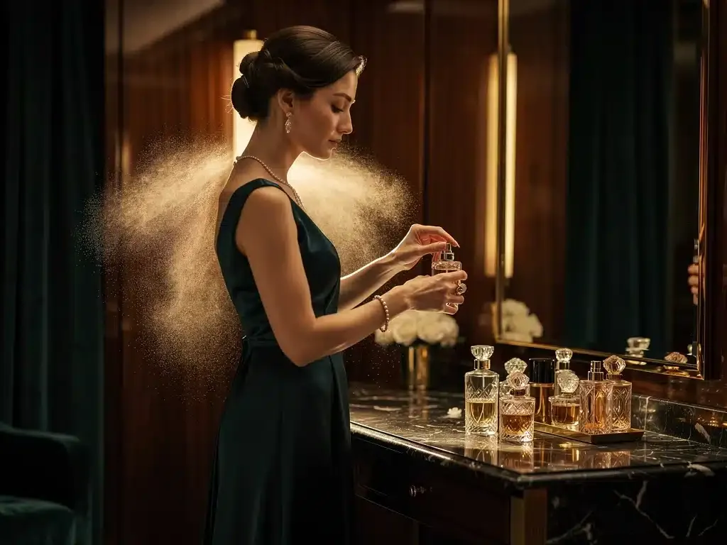 Elegant woman applying perfume layers for enhanced evening sillage