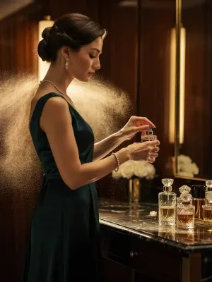 Elegant woman applying perfume layers for enhanced evening sillage