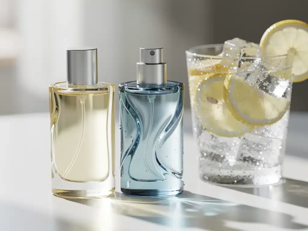Citrus and marine perfume bottles for summer synergy