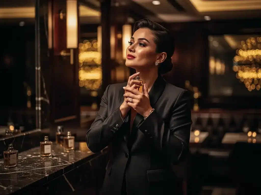 Applying rich evening perfume before going out.