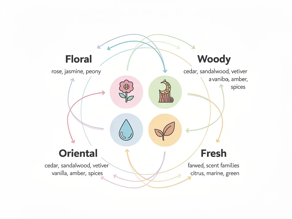 Infographic showing scent families and their harmonious pairing connections.