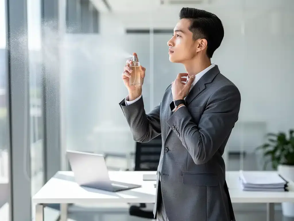 Professional applying perfume as part of a carefully selected fragrance wardrobe.