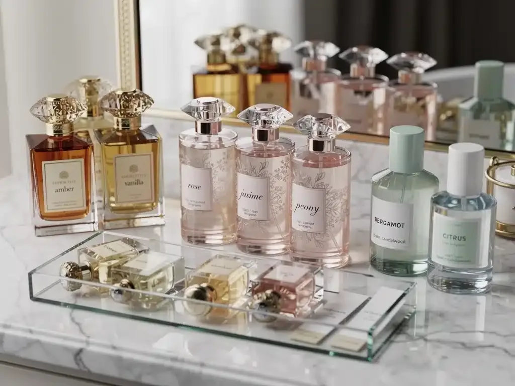 Diverse perfume bottles on a vanity, ready for layering experimentation.